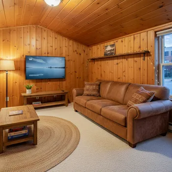 Cozy wooden room, leather sofa & TV