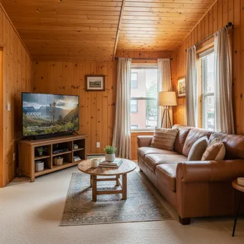 Cozy wooden room, leather sofa & TV