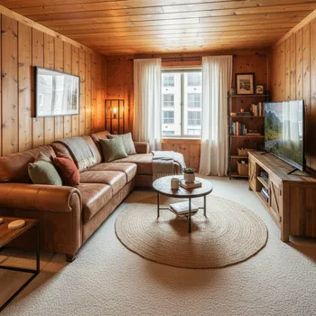 Cozy wooden room, leather sofa & TV