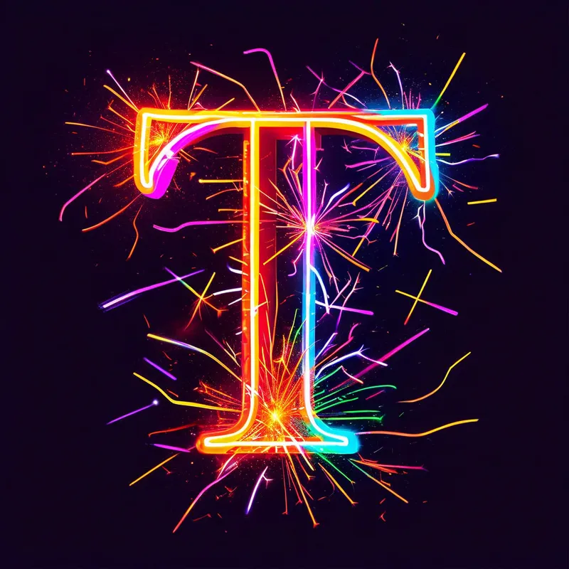 Cracker Bolt Neon Letter - A simple yet eye-catching depiction of the letter T, designed with delicate feminine curves. The T emits a soft glow, surrounded by neon cracker bolt shapes in red, orange, yellow, green, blue, purple, and pink. The overall scene has a luminous abstract appearance, glowing intensely under a blacklight. - AI image generated with Nova Canvas