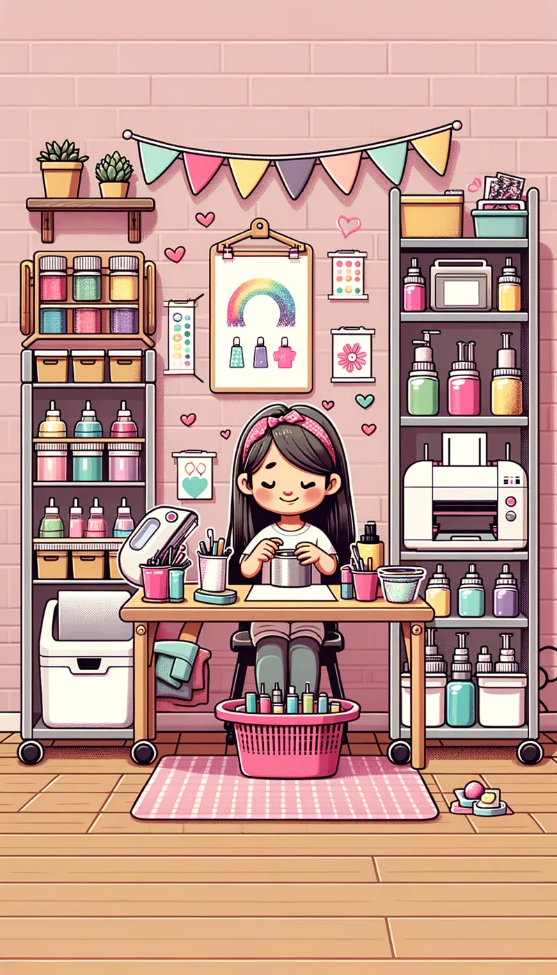Craft Room Cartoon Chaos - a young girl is bust crafting in her craft room with tumblers and glitter, printers, heat press and well stocked - AI image generated with Art - cartoony