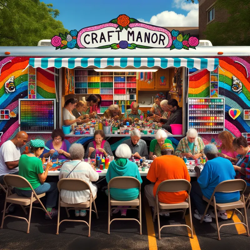 Crafting Corner of Joy - A vibrant trailer known as 'Craft Manor', parked near a community center. The scene shows a variety of crafting supplies like paints, beads, and yarns, with people of different ages working together on their projects. Laughter and joy are evident, reflecting the sense of community. - AI image generated with Art