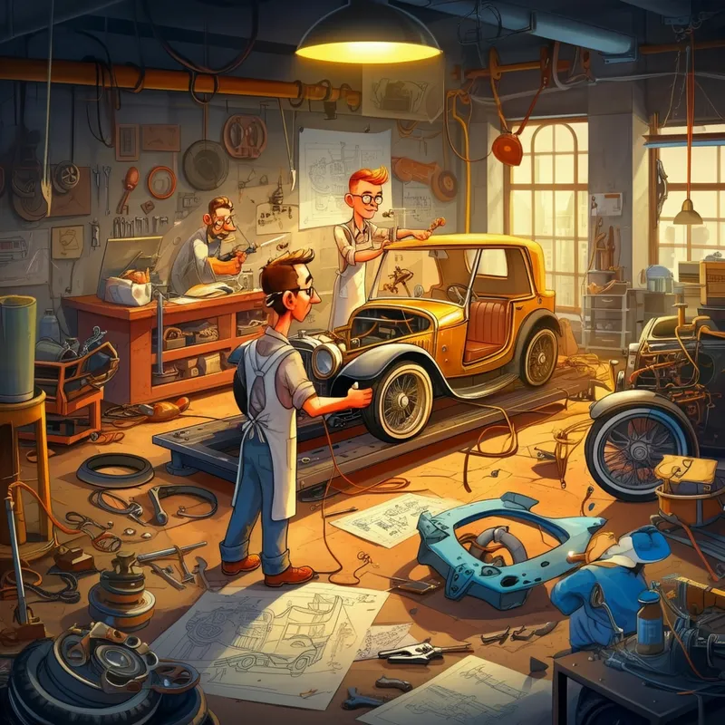 Craftmasters at Work - A detailed cartoon illustration of a lively workshop where skilled craftsmen and women are meticulously assembling vehicles. The scene is filled with creative tools, vehicle blueprints, and a mix of assembled and disassembled vehicle parts scattered around. - AI image generated with Imagen 3