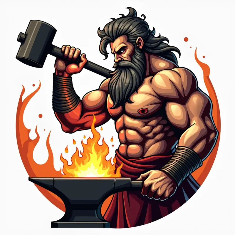Craftsman's Strength - An artistic vector logo of Hephaestus, the Greek god of fire and metalworking, shown with a muscular physique and a long beard. He is striking a massive hammer over a blazing anvil, with the background in pristine white to highlight his powerful figure. Designed to be a bold and dynamic emblem for wearable patches or accessories. - AI image generated with Photorealistic 2