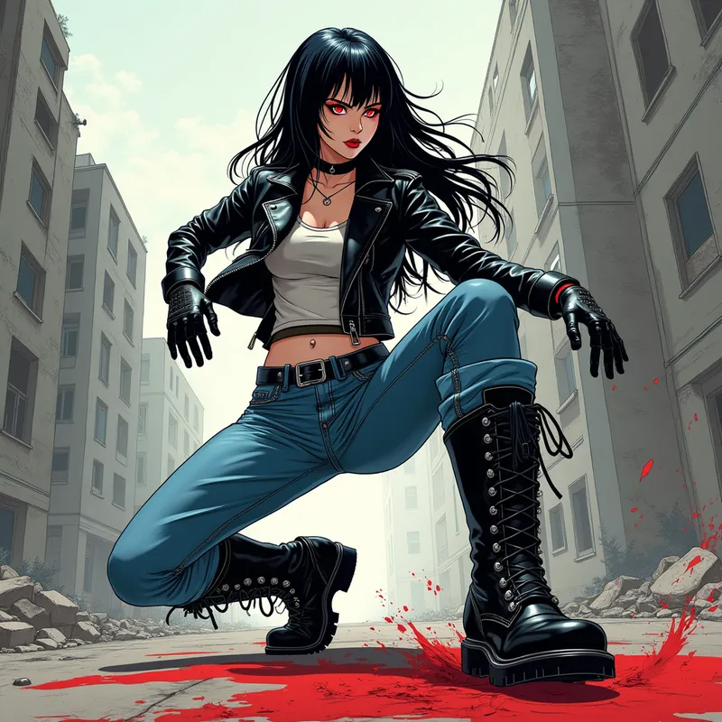 Crazy Gaze: Battle Stance - A stunning manga-inspired cyborg girl with long black hair and a crazed red glare in her eyes stands amidst urban ruins. She wears a deep-cut leather jacket, shiny black leather gloves, tight blue jeans, and highly polished black riding boots. She is caught mid-kick at the ground, boot close up with red paint splatter, all rendered in richly detailed color manga with expressive lighting and shadow. - AI image generated with Photorealistic 2