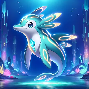 Create a New Pokémon: a glowing dolphin-like creature with electric blue markings and a crystal on its chest, deep under the sea