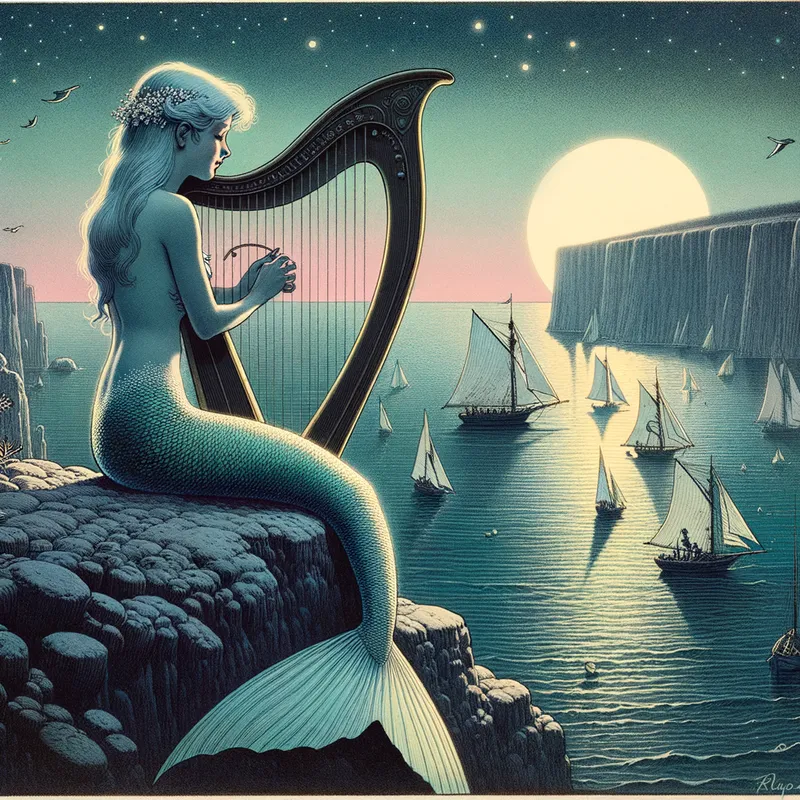 Create an image about a mermai - Create an image about a mermaid with silver tail and hair, she sitting on far offshore cliffs and using a Harp, under pale moonlight and in the distance are sailboats, make it with ghibli art style - cartoony
