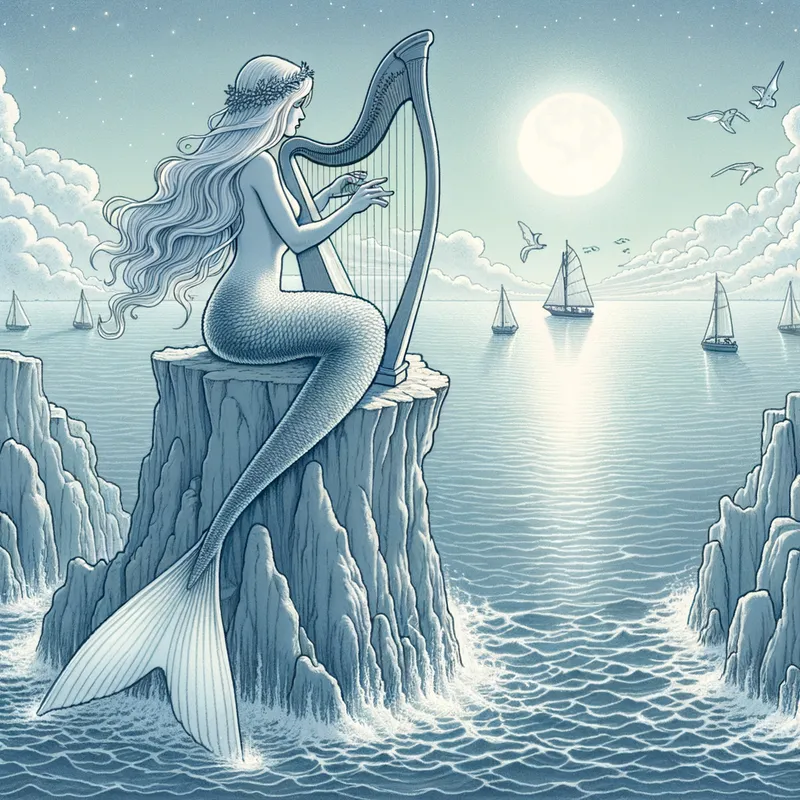 Create an image about a mermai - Create an image about a mermaid with silver tail and hair, she sitting on far offshore cliffs and using a Harp, under pale moonlight and in the distance are sailboats, make it with ghibli art style - cartoony