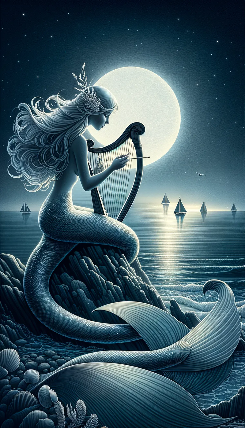Create an image about a mermai - Create an image about a mermaid with silver tail and hair, she sitting on far offshore cliffs and using a Harp, under pale moonlight and in the distance are sailboats, make it with ghibli art style - cartoony
