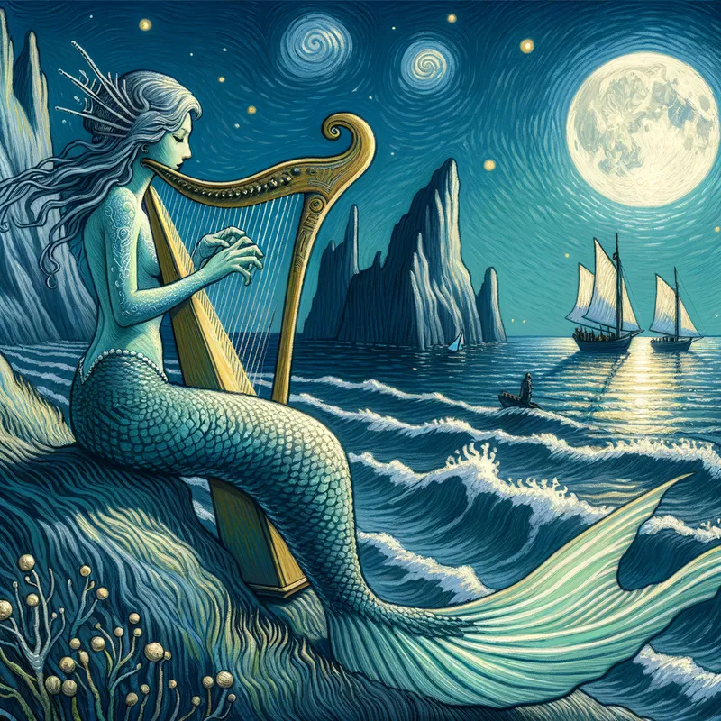 Create an image about a mermai - Create an image about a mermaid with silver tail and hair, she sitting on far offshore cliffs and using a Harp, under pale moonlight and in the distance are sailboats, make it with ghibli art style - cartoony, Van Gogh style
