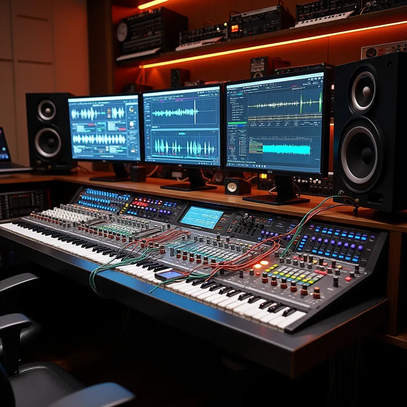 Creative Mixing Environment - A creative recording studio focused on a large mixing desk covered with colorful faders, patch cables, multiple computer screens displaying audio waveforms, and shelves lined with synthesizers and sound modules. - AI image generated with Krea