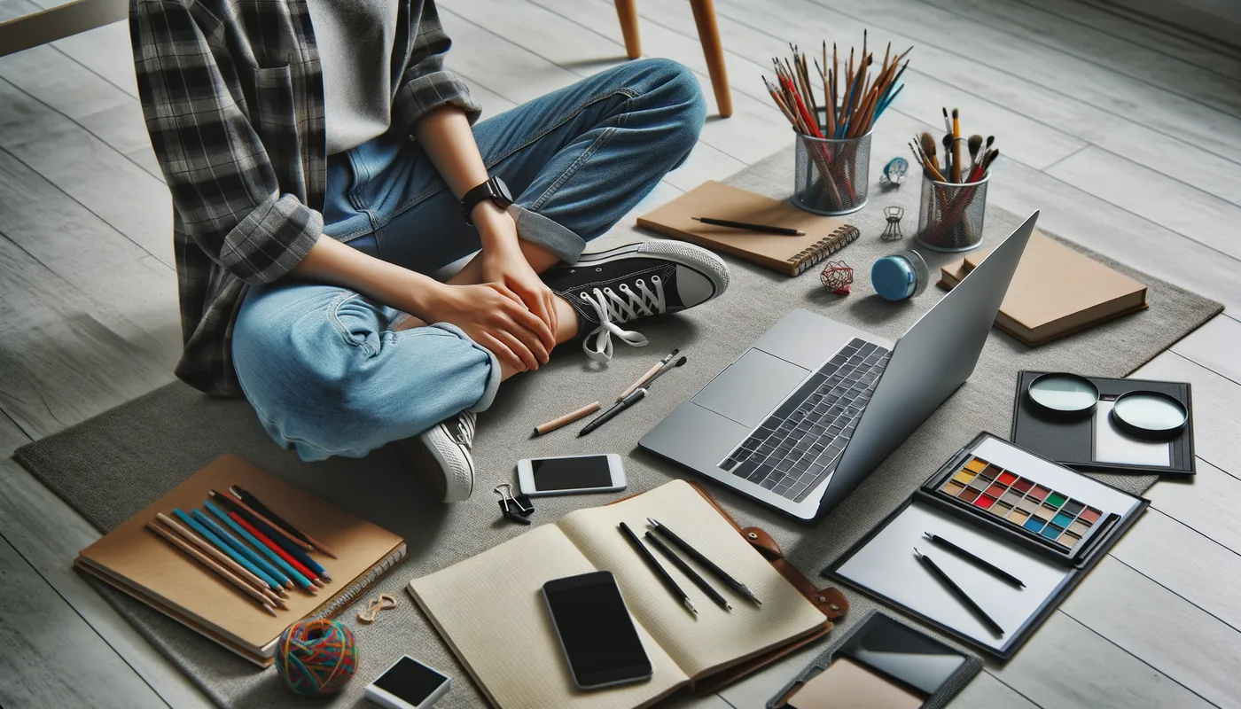 Creative Workspace - A student sitting cross-legged on the floor with a laptop on a small table. Surrounding them are various writing and drawing tools set aside, indicating a space ready for creativity and productivity. - AI image generated with Art