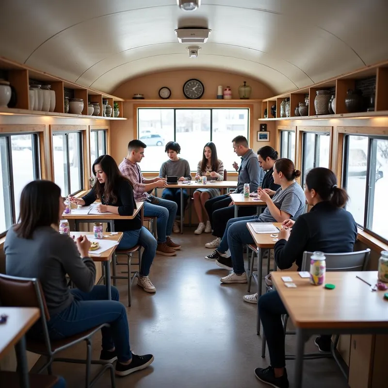 Creativity Takes Flight in 'Craft Manor' - Inside the 'Craft Manor' caravan, a welcoming scene unfolds with 20 black, white, and hispanic individuals sitting and facing the windows, ages 8 to 30, partaking in beginner crafts. This white-walled trailer with stainless steel floors and high cabinets at the ceiling transforms into a hub of creativity, where participants create cards, paint, decorate jars, and weave together. - AI image generated with Photorealistic 2