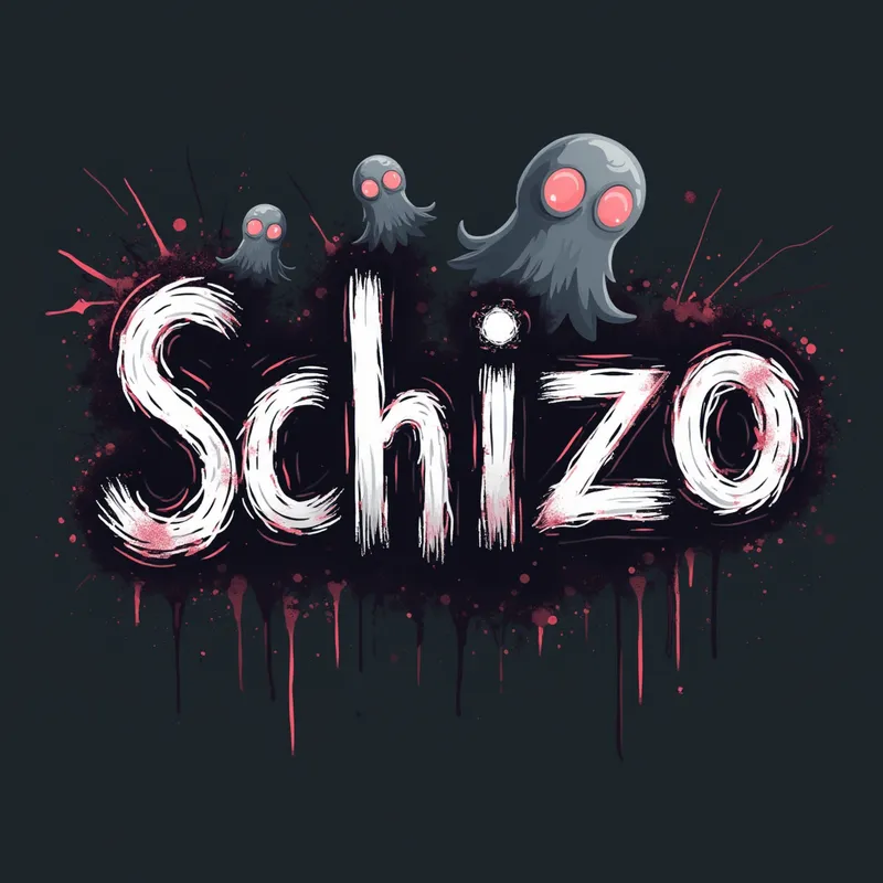 Creepy Handwritten 'Schizo' Lettering - Vector art featuring the word 'Schizo' scrawled with uneven, scratchy strokes, as though written in haste, surrounded by subtle ghostly effects for a spooky sticker. - AI image generated with Text
