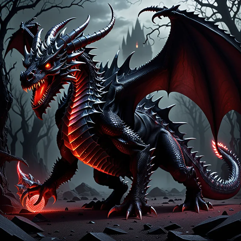 Crimson Abyss Dragon - A monstrous, formidable dragon cloaked in shimmering black scales, with glittering horns and menacing spikes running from its skull all the way to its tail. Its eerie, pupil-less eyes burn bright red, emitting a deep glow in the gloom. - AI image generated with Fictional