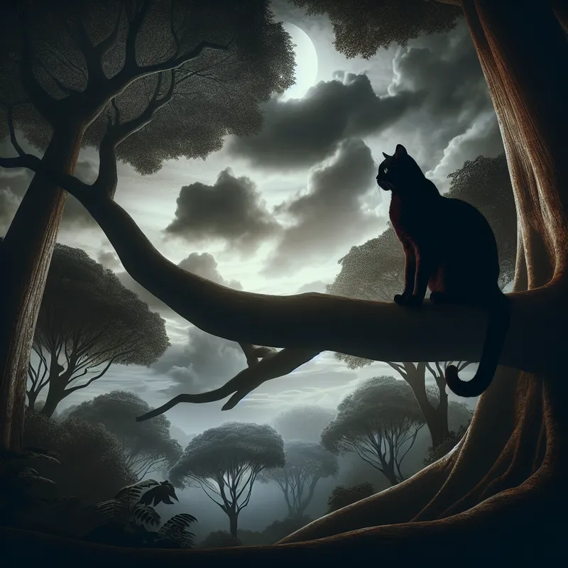 Crimson Cat on Stormy Branch - A digital illustration with dramatic, high-contrast lighting of a dark red cat sitting on the branch of a tall tree under a cloudy sky - AI image generated with DALL-E 3