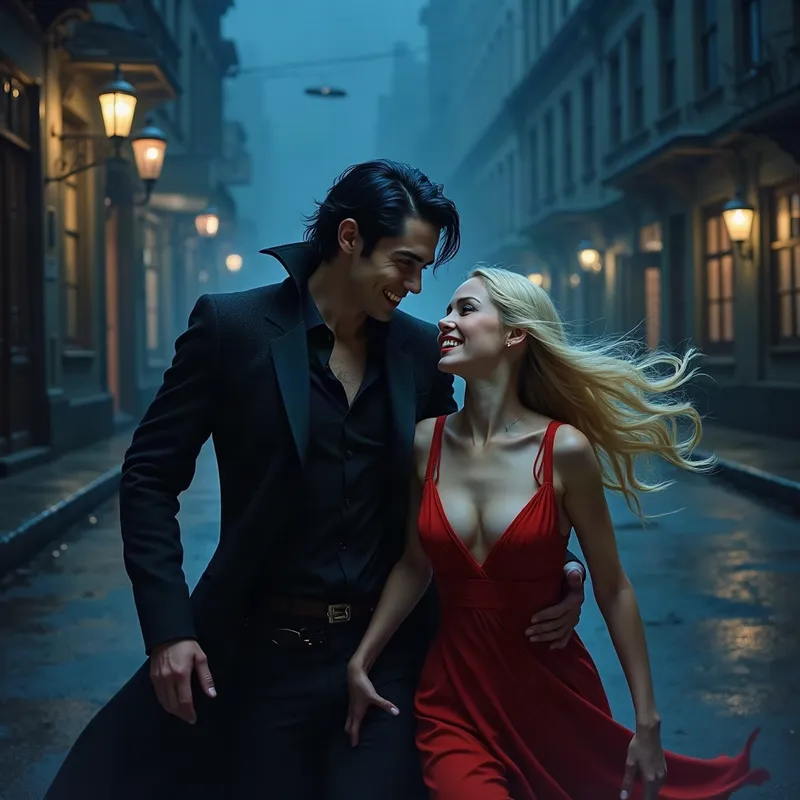 Crimson Escape - An eerie and stylish night scene of a handsome vampire clad in black with black-and-blue hair, showing a white-toothed smile near the neck of a beautiful blond woman in a low-cut red dress. Her long hair streams behind her as she runs through a dark street in the middle of town. The environment is filled with moody blue shadows, glowing lanterns, wet pavement reflections, and a cinematic gothic-horror tone. - AI image generated with Photorealistic 2 - chalk, photorealistic, oil art