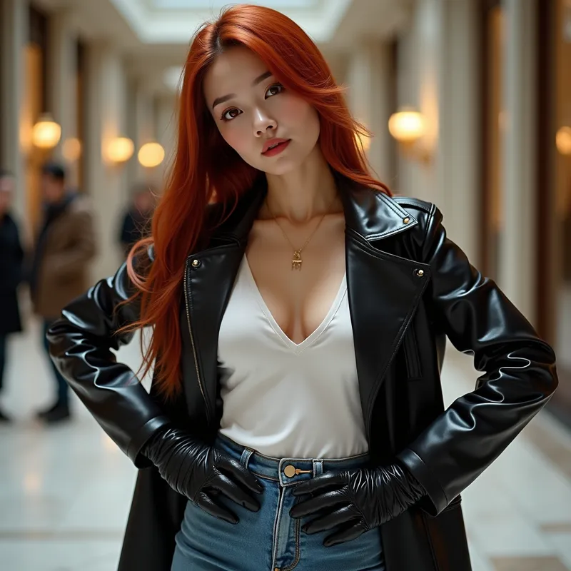 Crimson Gaze, Ebony Attire - An alluring Chinese woman with perfect features and mid-long red hair frames her captivating red eyes. She wears a luminous black leather overcoat, revealing white plunging-neckline t-shirt, stiff black leather gloves, low-slung jeans, and knee-high shiny black riding boots. Within an expansive building lobby, she leans toward the audience, her hands on her hips, her look both loving and teasing. - AI image generated with Photorealistic 2