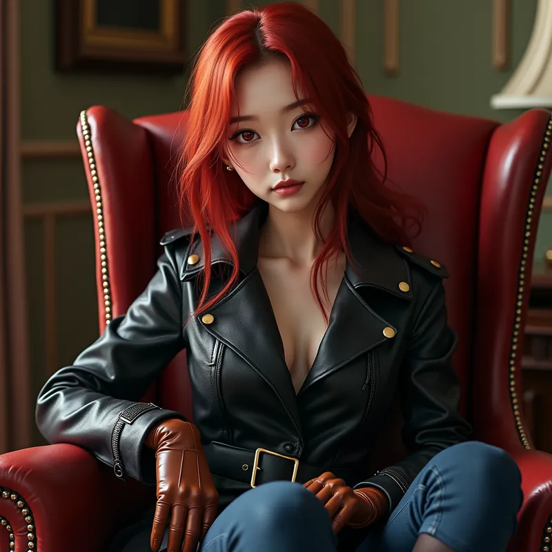 Crimson-Haired Command - An Asian girl with ethereal white skin, mesmerizing red eyes, and cascading red hair with subtle locks over her eyes. She sports a chic black leather trench coat, polished brown leather gloves, tight navy blue jeans, and bright stiff brown riding boots. In a magnificent office, she sits regally in a plush armchair, fixating the viewer with a dominant expression. - AI image generated with Photorealistic 2