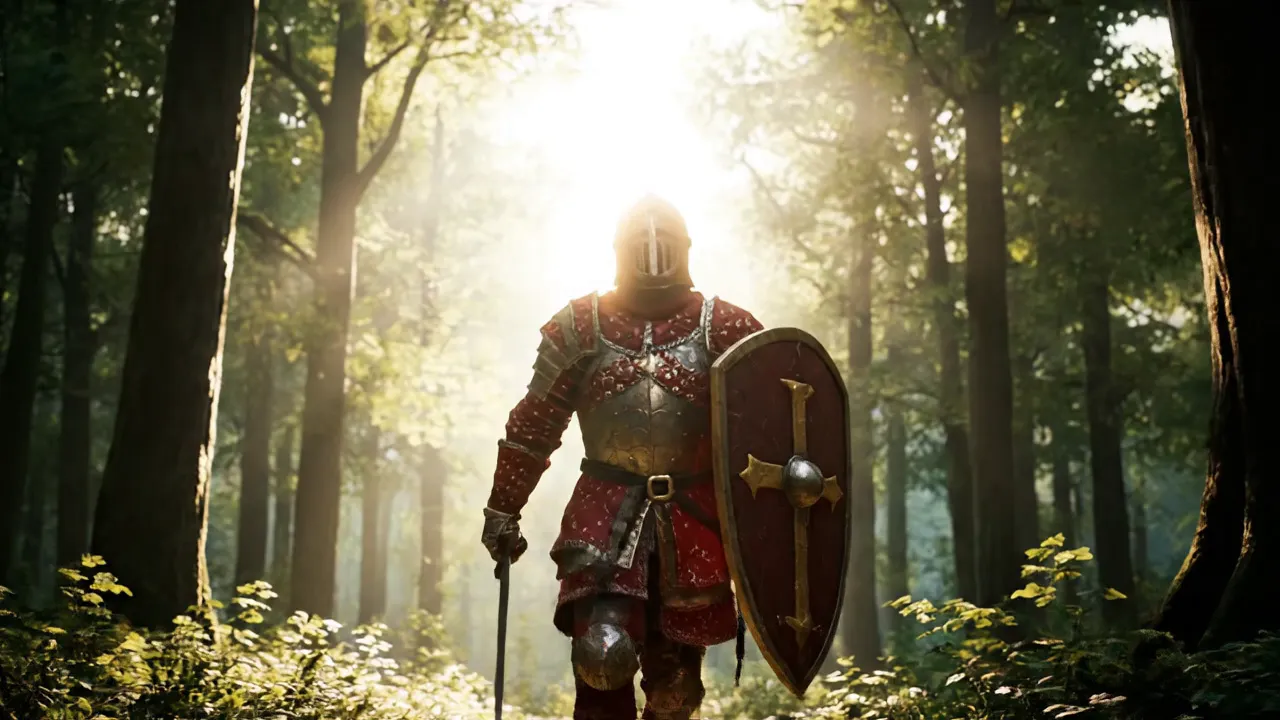 Crimson Knight in Heavenly Light - Christopher is a medieval knight with crimson red and gold plated armor. He is a righteous warrior with a broadsword in his right hand and a shield with a golden cross in his left hand. he walks through the woods with a brilliant light shining from heaven making his armor shine bright. - AI video generated with Veo 3 - lens flare, vivid colors, fantasy art