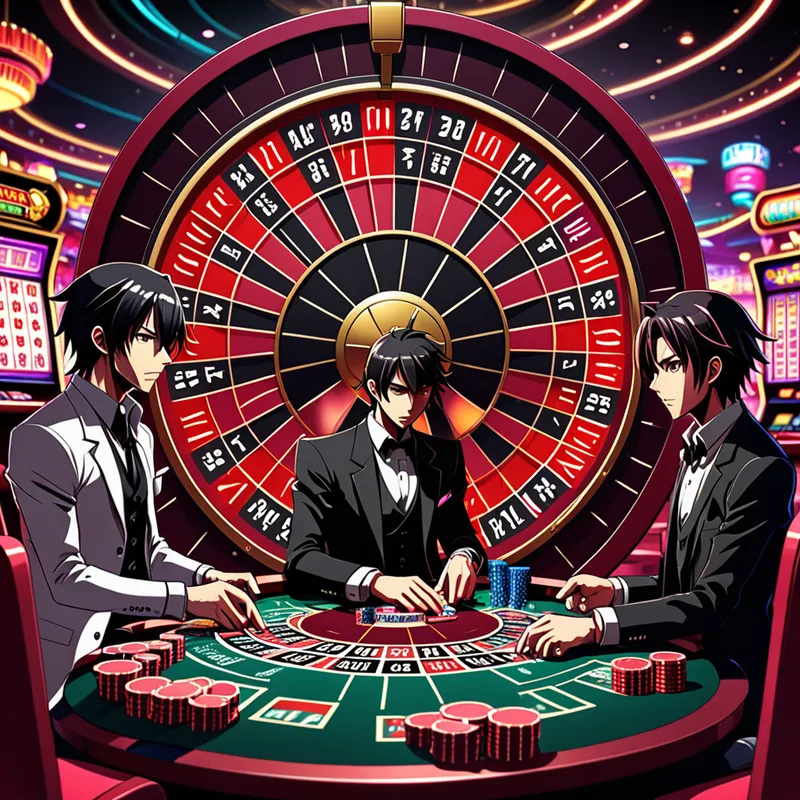 Crimson Roulette Showdown - An anime-style dramatic scene focused on a crimson-and-black gambling wheel, tense casino mood, stylish characters watching the spin, sharp linework, glowing highlights, rich contrast, immersive and highly detailed art - AI image generated with Fictional