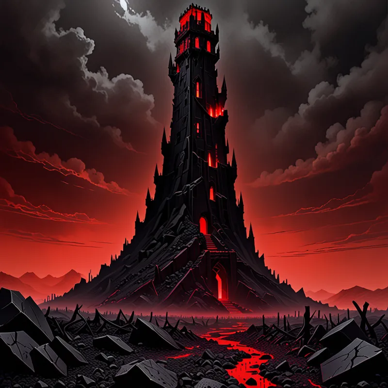 Crimson Silence - Imagine a silent, lifeless world: endless, cracked black earth under a constantly pulsing scarlet sky. No sun, no clouds—just the oppressive glow of red light. White ash lies thickly over everything. In the far distance, a dark, evil-looking tower made of black stone stands, half-shrouded in the ashen haze, radiating menace. - AI image generated with Fictional - fantasy art