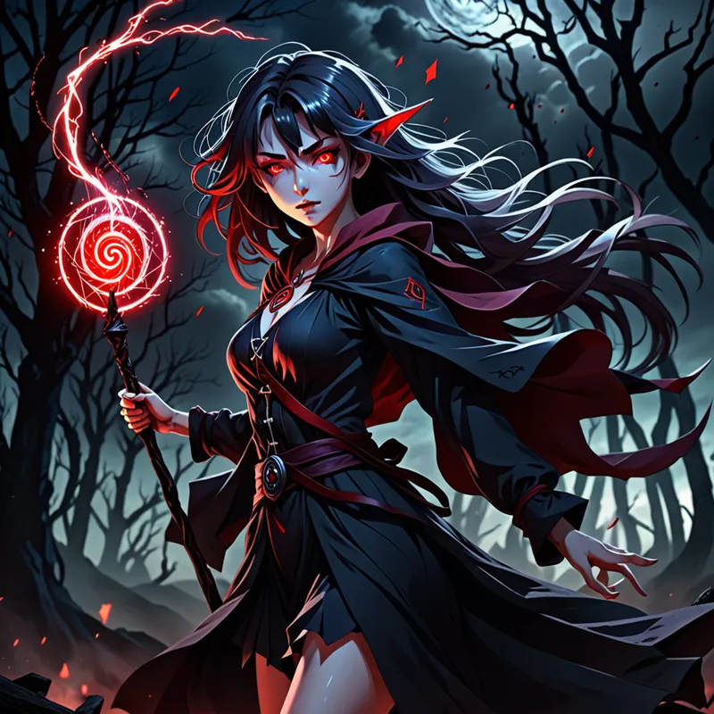 Crimson Spell Weaver - Anime-style young witch with intense red eyes, channeling a powerful spell from a glowing staff, magical runes floating in the air, wind sweeping through her hair, cinematic lighting, dark fantasy atmosphere, detailed anime art - AI image generated with Fictional