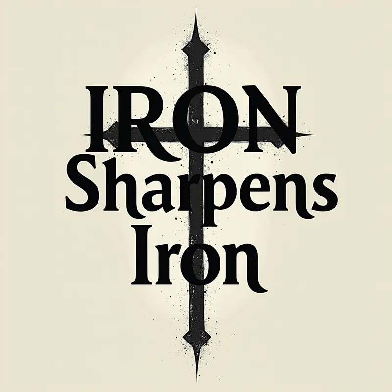 Cross and Iron Design - A minimalist shirt featuring 'Iron Sharpens Iron' in a striking font, with a faint, large cross outline behind it. The design symbolizes the intersection of spiritual strength and resilience. - AI image generated with Photorealistic 2