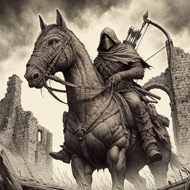 Crossbow Sentinel - A rugged medieval warrior dressed in a heavy cloak, face hidden in shadow, perches on a tall, muscular stallion. The warrior holds a menacing crossbow ready, framed by ancient castle ruins and an overcast sky. - AI image generated with Art - stippling drawing, sepia tone
