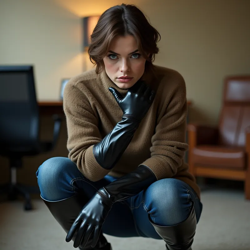 Crouching Office Confrontation - A young, attractive Russian woman with short hair, wearing a warm wool pullover and fitted jeans, is crouched before you in a contemporary office. Her expression is one of contempt, and she’s wearing glossy black leather gloves and striking real leather riding boots, which are long, straight, and very shiny. The boots are prominently visible, heightening the intimidating atmosphere. - AI image generated with Photorealistic 2