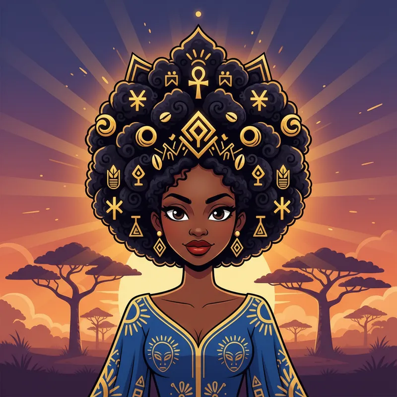 Crowned in Culture - An image of a Black woman wearing a crown made of afro-textured hair, adorned with golden symbols and ancestral patterns. Her expression radiates confidence and nobility, emphasizing the beauty and power of Black identity. - AI image generated with Nano Banana - cartoony