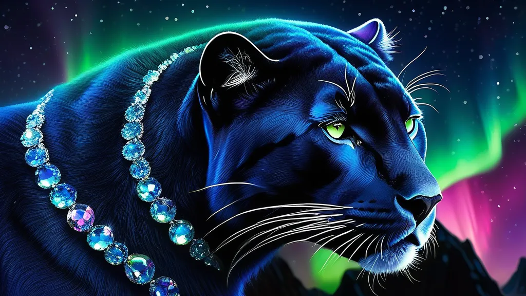 Crystal Fur Panther - A regal panther with shimmering crystal fur that reflects the colors of the aurora borealis, blending harmoniously with the vibrant lights in the arctic night sky. - AI image generated with Fictional - fantasy art