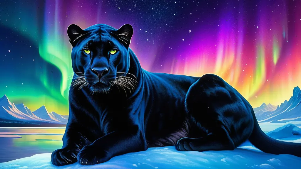 Crystal Fur Panther - A regal panther with shimmering crystal fur that reflects the colors of the aurora borealis, blending harmoniously with the vibrant lights in the arctic night sky. - AI image generated with Fictional - fantasy art
