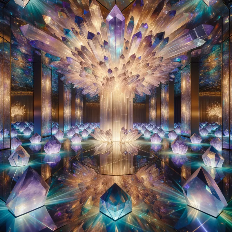 Crystal Kaleidoscope - Glowing crystal room with shades of purple blue gold and green - AI image generated with Art