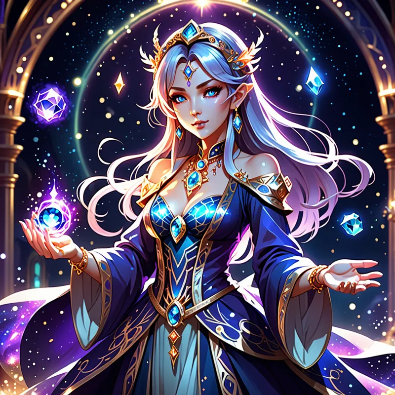 Crystal Sorceress - A fancy and elegant anime-style sorceress casting magic with radiant gemstones orbiting around her hands. Her outfit is beautifully decorated with jewel-like details, and the background glows with mystical light, sparkles, and a magical fantasy ambiance. - AI image generated with Fictional