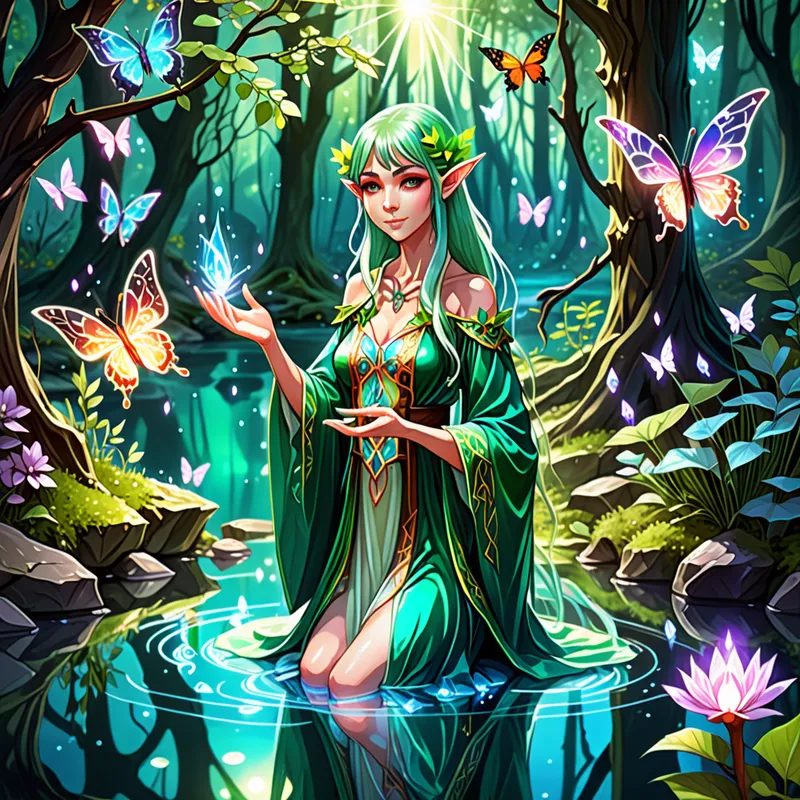 Crystal Spring Elf Mage - Anime-style magical forest elf mage beside a crystal-clear spring, casting glowing nature magic with her hands, ornate floral robes, shimmering water reflections, enchanted forest plants, butterflies and spirit lights surrounding her, dreamy fantasy setting, vivid colors, detailed anime illustration - AI image generated with Fictional