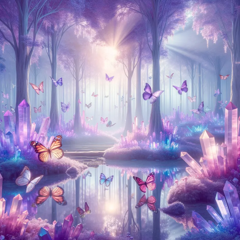 Crystalline Butterfly Sanctuary - A tranquil oasis where butterflies flutter amongst a crystalline forest, the lavender hues casting a serene and mystical glow. - AI image generated with Art
