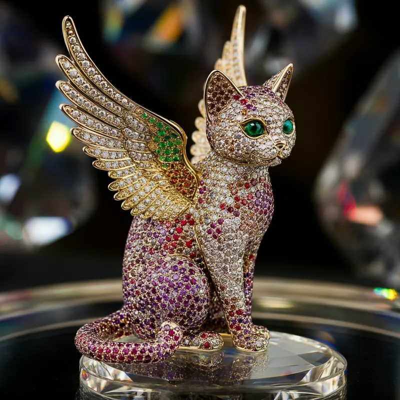 Crystalline Cat Wonderland - A highly detailed image of a winged glass cat, its body dazzling with various colorful diamonds. It is set against a beautifully detailed crystal background, creating a fantastical and sparkling scene. - AI image generated with Imagen 3