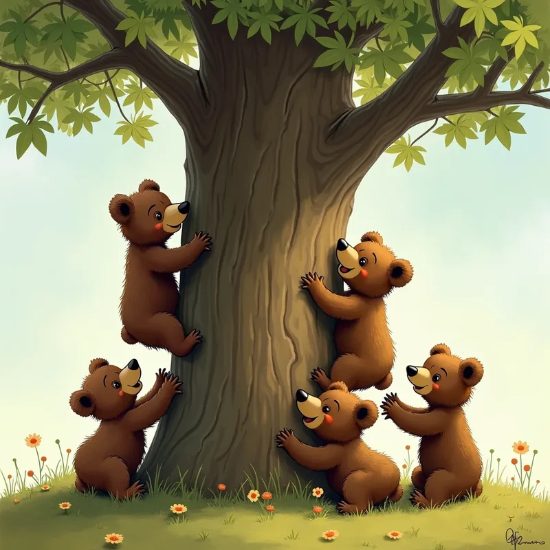 Cub Tree Playground - A delightful portrayal of a group of bear cubs treating a large tree as their playground, filled with energy and innocence. - AI image generated with Photorealistic 2