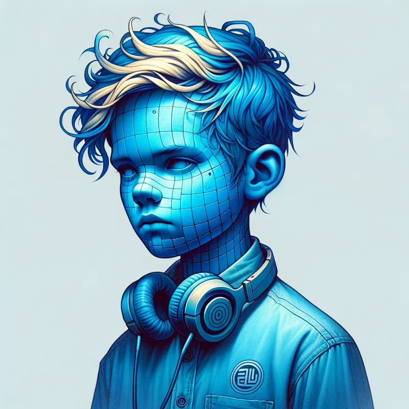 Cubic Head Youth - An artistic rendering of a youth with a blue hue to his skin and a head shaped like a cube. His blonde locks are complemented by his 'nc' branded shirt and headphones that rest around his neck. - AI image generated with Art