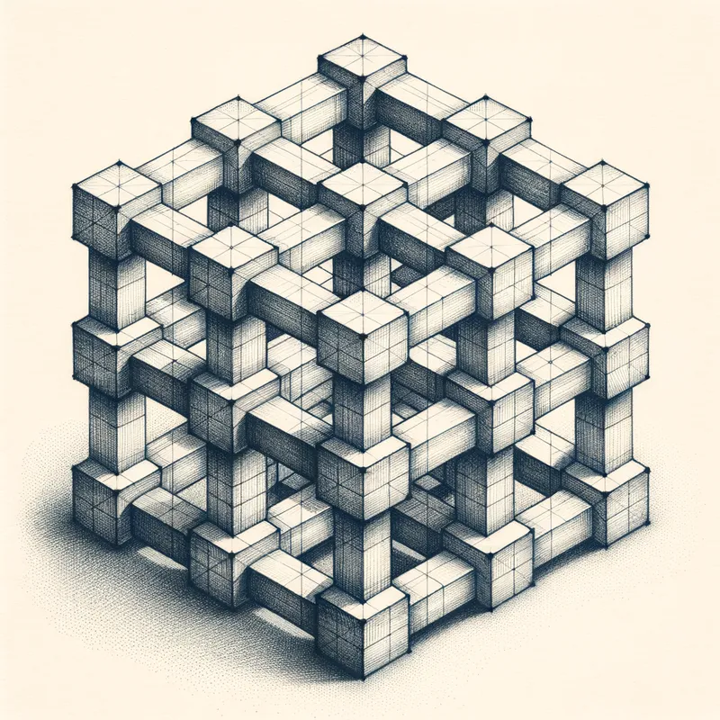 Cubic Lattice -  4d cubic space lattice - AI image generated with Art - Kaoru Yamada, pencil drawing, technical drawing 
