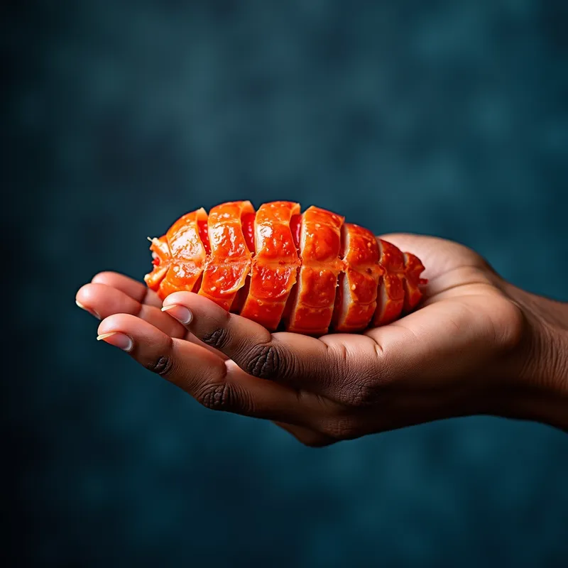 Culinary Elegance - A hyper-realistic depiction of an African American hand gently holding freshly cooked lobster tail meat, contrasted by a rich, deep blue seamless backdrop. - AI image generated with Photorealistic 2