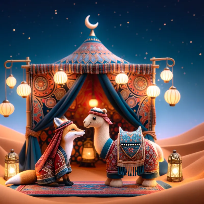 Cultural Blend - A creative representation of a fox and a camel in traditional Bedouin attire, sharing a moment in front of a richly decorated tent with traditional patterns and lanterns. - AI image generated with Art