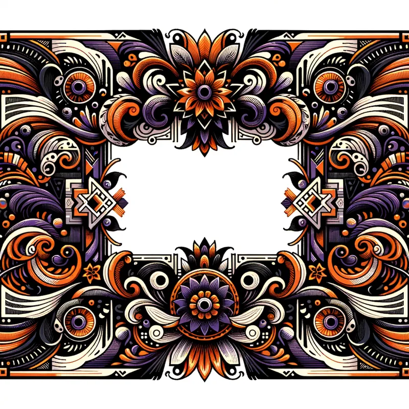 Cultural Canvas - A beautifully crafted page border featuring complex and symmetrical designs in orange, black, purple, and white, reflecting Mexican artistic styles. - AI image generated with Art