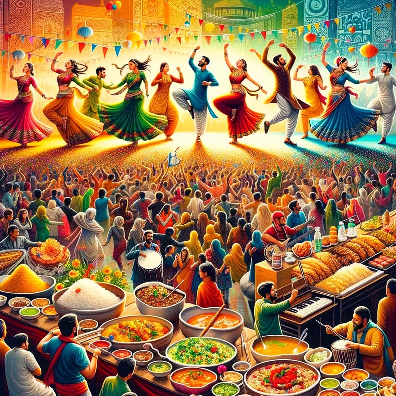 Cultural Celebration Extravaganza - A vibrant poster showcasing a lively cultural event, complete with traditional dance performances, live music, and a diverse array of food stalls representing the rich tapestry of the community. - AI image generated with Art