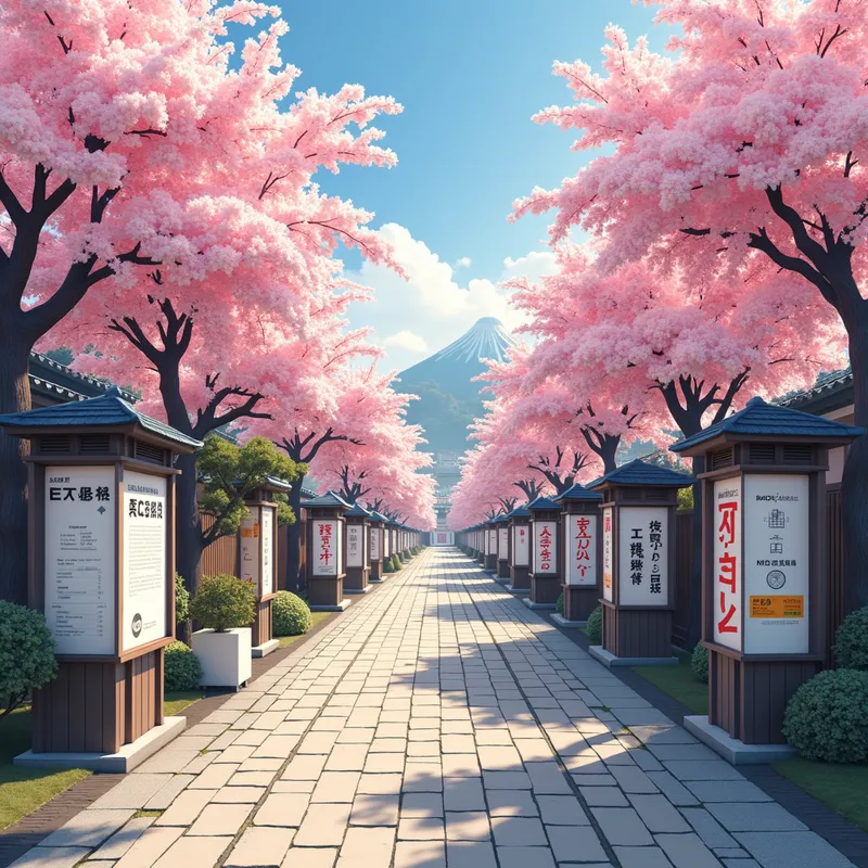Cultural Convergence - Two intersecting pathways, one lined with Sakura trees and traditional Japanese signs, and the other with modern English billboards, merging at a translation service desk at the center. - AI image generated with Photorealistic 2 - photorealistic