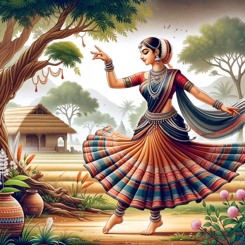 Cultural Essence - A depiction of a graceful Indian woman in traditional tribal attire, captured in mid-dance in a remote village setting, with natural elements highlighting her connection to the earth. - AI image generated with Art