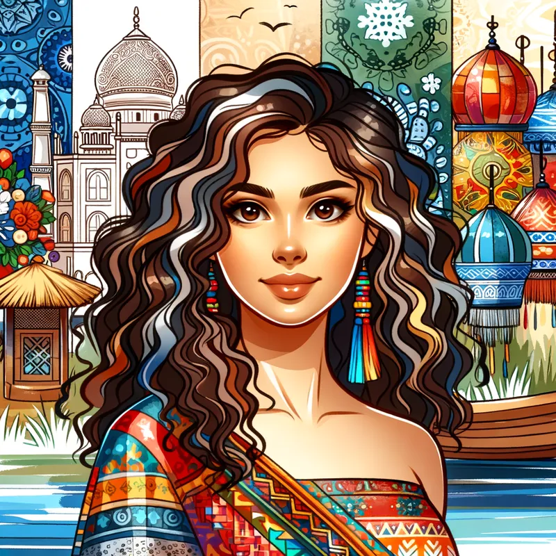 Cultural Harmony - Illustrate a beautiful woman whose features reflect a harmonious blend of different racial traits, set against a backdrop of cultural elements that celebrate diversity. - AI image generated with Art