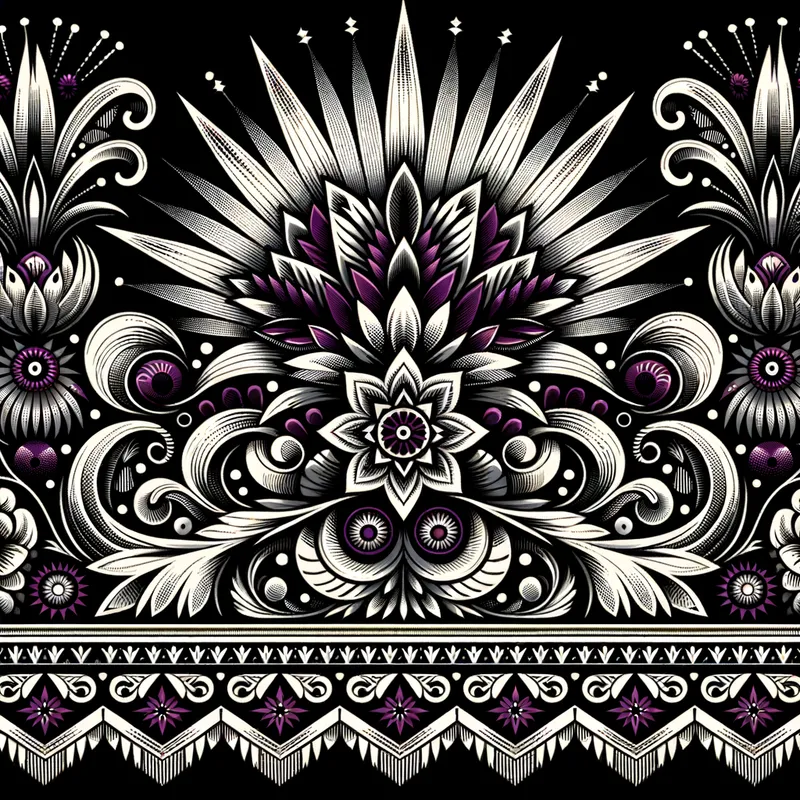 Cultural Harmony - An intricate border design blending classical Latin American motifs with a modern twist. This design showcases sharp black and white contrasts balanced by bursts of deep purple and bright orange hues. - AI image generated with Art
