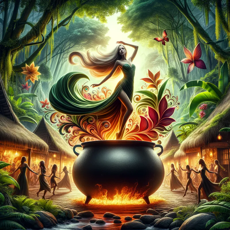 Cultural Harmony - A striking scene of a beautiful blonde woman in a large black iron soup pot, standing proudly in the center of a lively jungle village, showcasing a blend of nature and human warmth. - AI image generated with Art